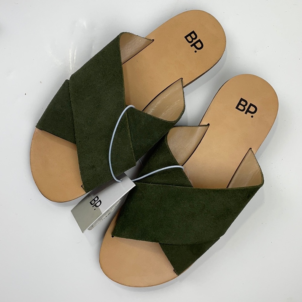 BP NWT Olive Green Leather CrissCross Slide Sandals 6